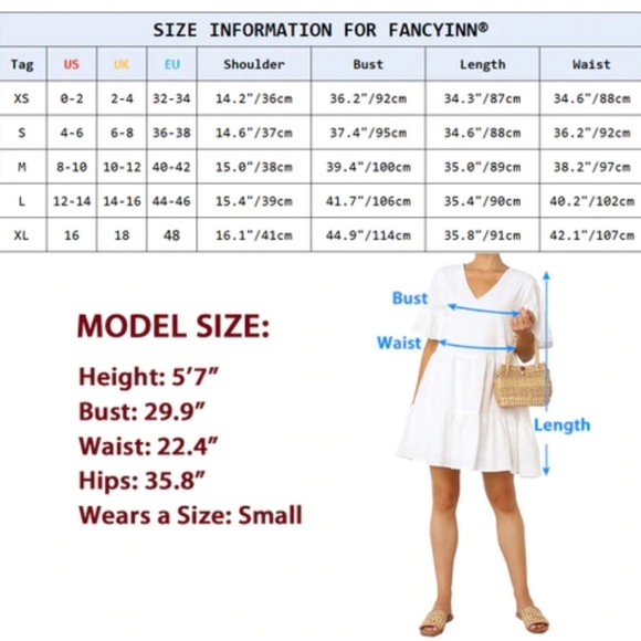 Fancyinn Dress Womens XS White V-Neck Ruffle Pockets Bell Sleeve Tiered Mini NWT - Picture 15 of 16